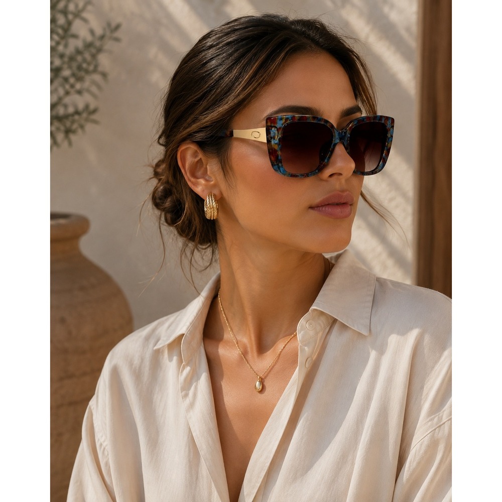 Square Frame Sunglasses Oscar de la Renta Designer Blue Tortoise Gold Trim